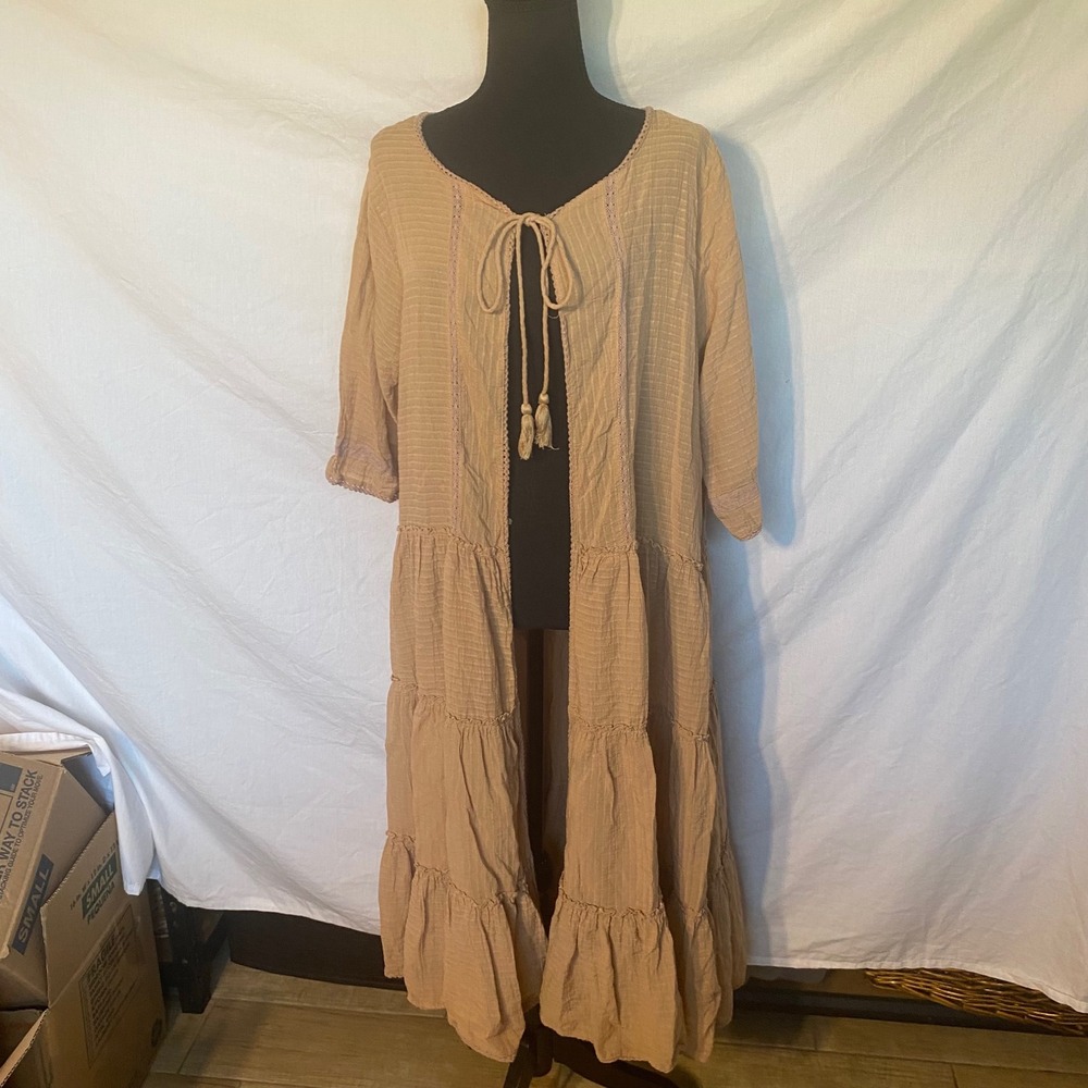 Earthbound Trading Co Tan Gauze Tiered Duster Cardigan Kimono Jacket Large‎